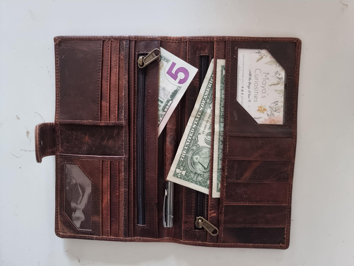 Cowhide Leather Portfolio Wallet / Western Travel Organiser Passport Holder Large Bifold Cowgirl Purse