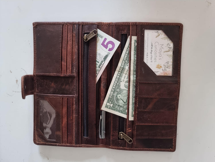 Cowhide Leather Portfolio Wallet / Western Travel Organiser Passport Holder Large Bifold Cowgirl Purse