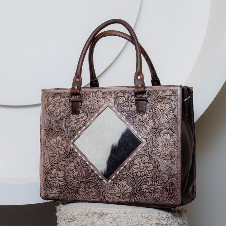 Hand-Tooled Cowhide Leather Tote Bag: Western Floral Crossbody