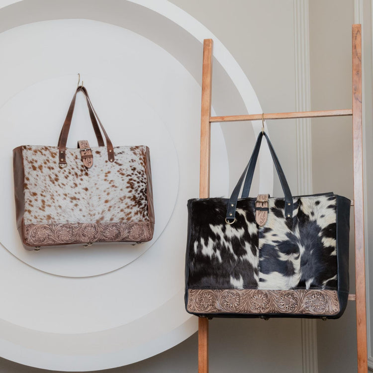 Floral Tooled Leather Cowhide Tote Bag: Western Oversized Shoulder Bag