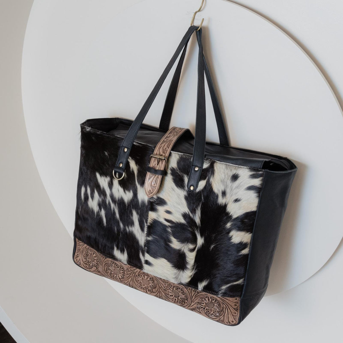 Floral Tooled Leather Cowhide Tote Bag: Western Oversized Shoulder Bag