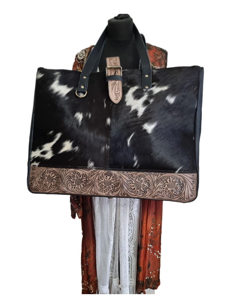 Floral Tooled Leather Cowhide Tote Bag: Western Oversized Shoulder Bag
