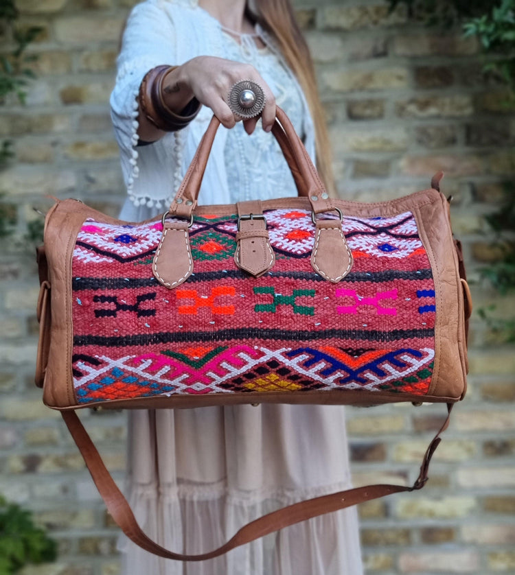 Vintage Kilim Duffle Bag: Leather Weekender, Moroccan Carpet Travel Bag