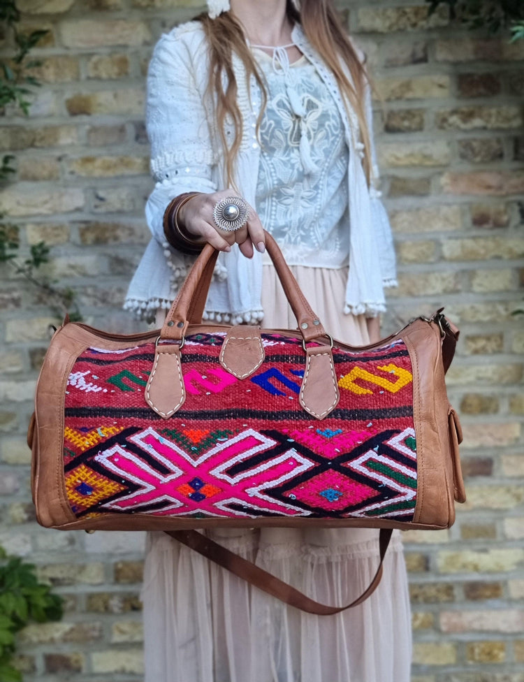Vintage Kilim Duffle Bag: Leather Weekender, Moroccan Carpet Travel Bag