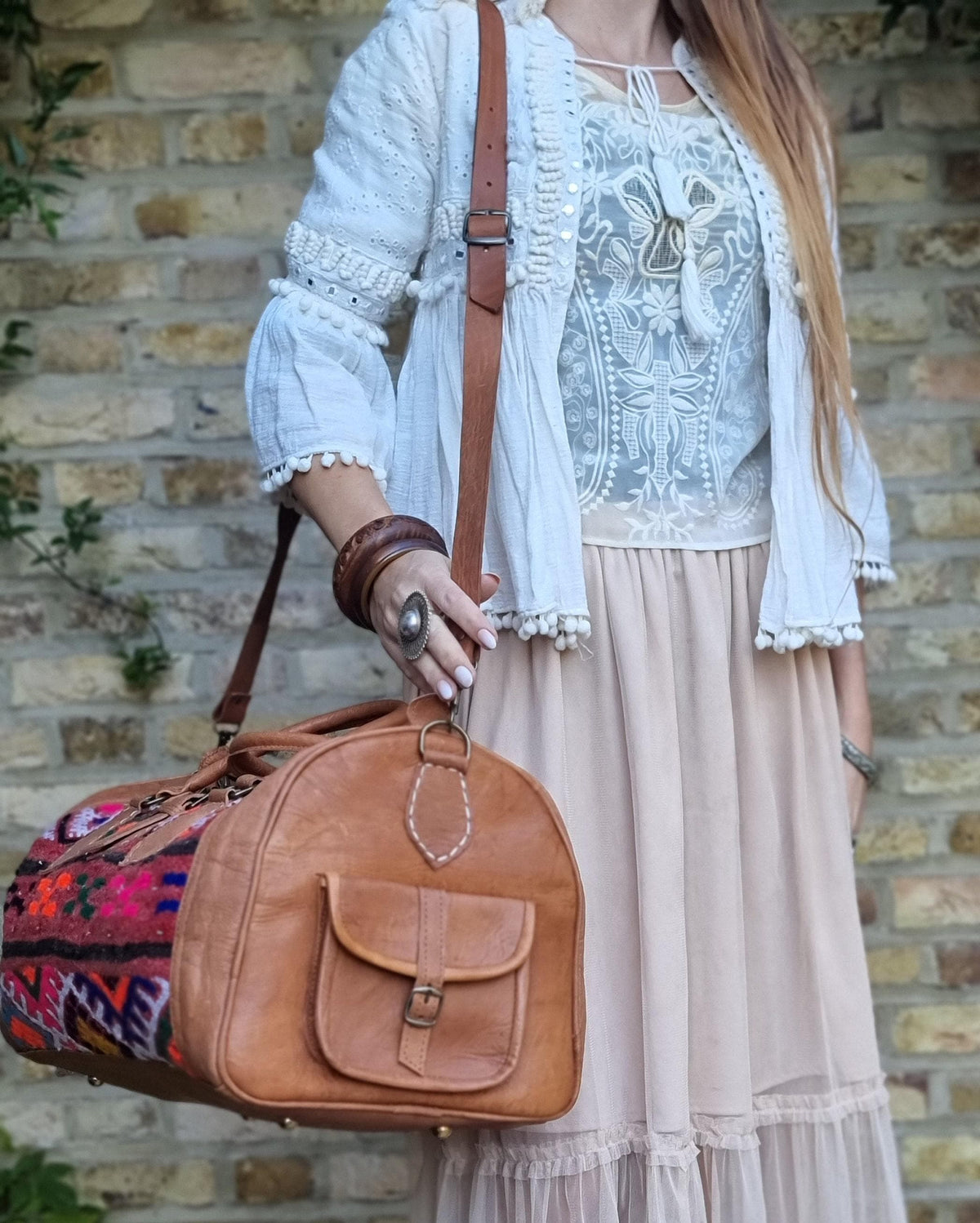 Vintage Kilim Duffle Bag: Leather Weekender, Moroccan Carpet Travel Bag