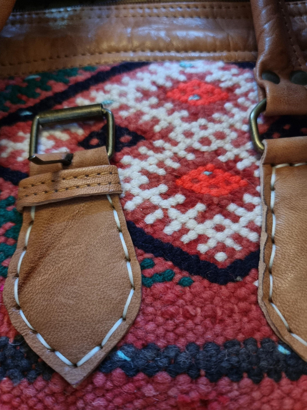 Vintage Kilim Duffle Bag: Leather Weekender, Moroccan Carpet Travel Bag