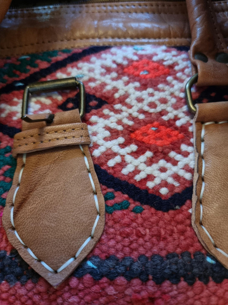 Vintage Kilim Duffle Bag: Leather Weekender, Moroccan Carpet Travel Bag
