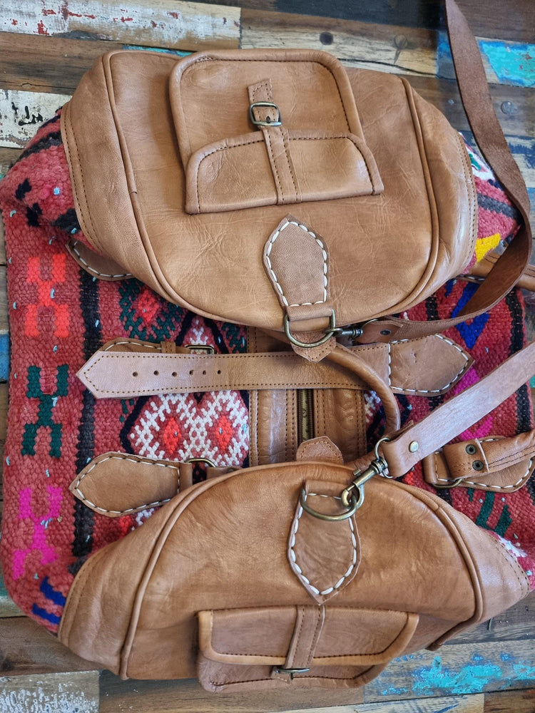 Vintage Kilim Duffle Bag: Leather Weekender, Moroccan Carpet Travel Bag