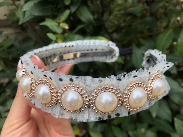 Pearl Lace Headband, Polka Dot Hairband, 1950s Rockabilly Hair Accessory, Vintage Style Pearl Headband, Bridal Boho Hairband