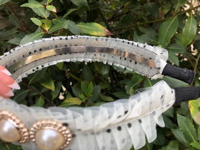 Pearl Lace Headband, Polka Dot Hairband, 1950s Rockabilly Hair Accessory, Vintage Style Pearl Headband, Bridal Boho Hairband