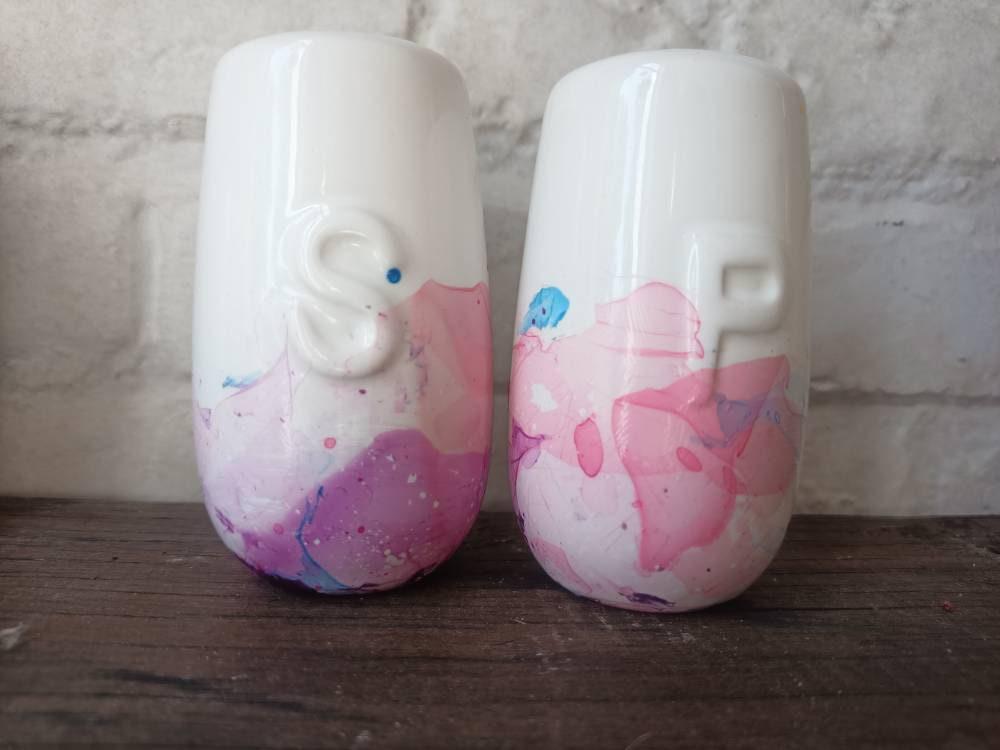 Unique Cotton Candy Salt and Pepper Shakers, Pink Purple Blue Marbled Ceramic Cruet Set, Handmade Kitchen Gift