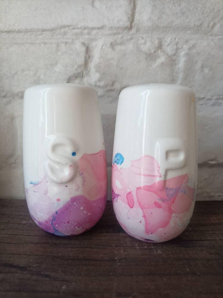 Unique Cotton Candy Salt and Pepper Shakers, Pink Purple Blue Marbled Ceramic Cruet Set, Handmade Kitchen Gift