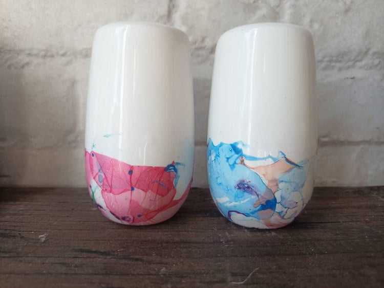 Unique Cotton Candy Salt and Pepper Shakers, Pink Purple Blue Marbled Ceramic Cruet Set, Handmade Kitchen Gift