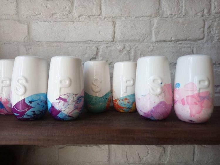 Unique Cotton Candy Salt and Pepper Shakers, Pink Purple Blue Marbled Ceramic Cruet Set, Handmade Kitchen Gift