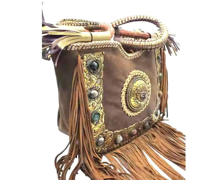 Large Boho Fringe Leather Purse: Artisan Handmade Gemstone Tote