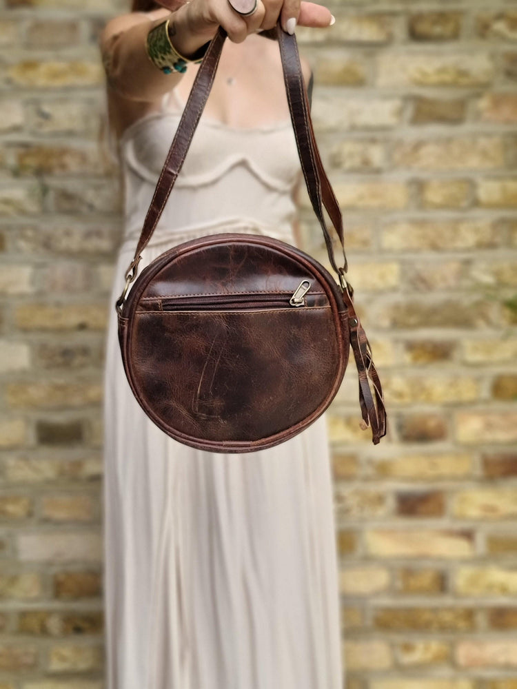 Round Cowhide Leather Bag, Western Cowgirl Purse, Boho Crossbody Bag, Leather Tassel Handbag, Small Cowhide Satchel, Festival Bag