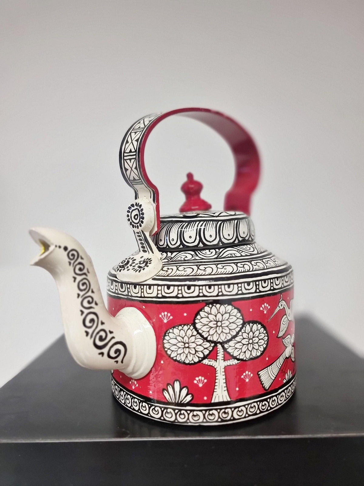 Hand Painted Indian Tea Kettle with Botanical Bird Design | Unique Decorative Teapot