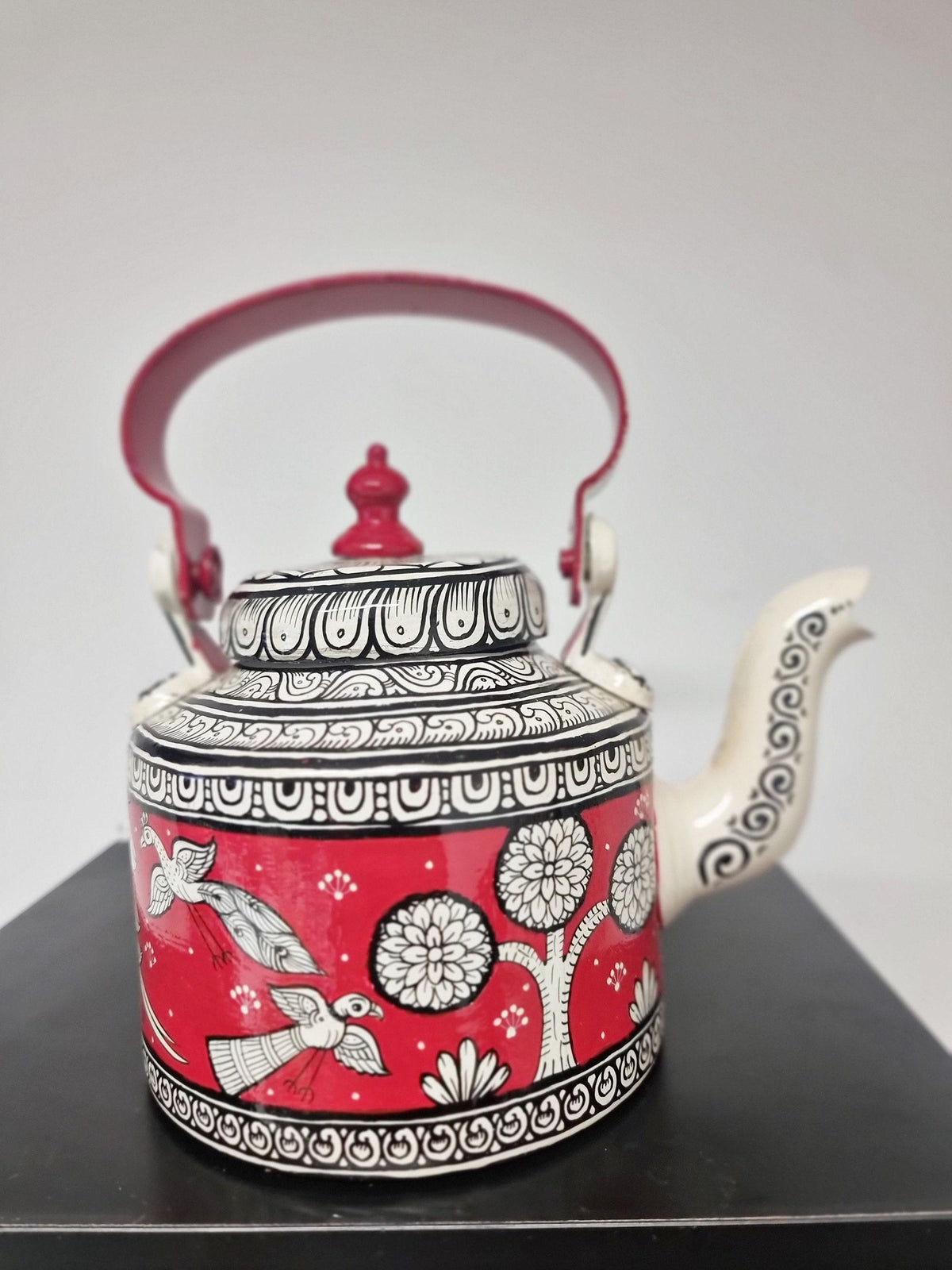 Hand Painted Indian Tea Kettle with Botanical Bird Design | Unique Decorative Teapot