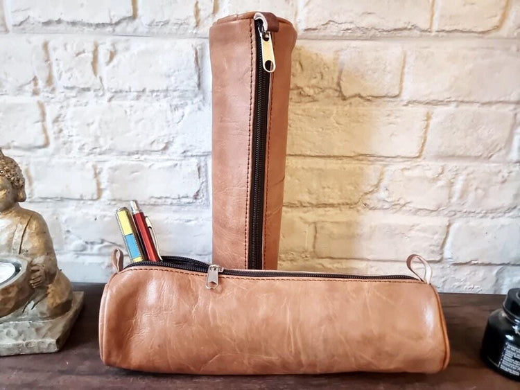 Handmade Leather Pencil Case: Minimalist Makeup Bag & Sunglasses Case