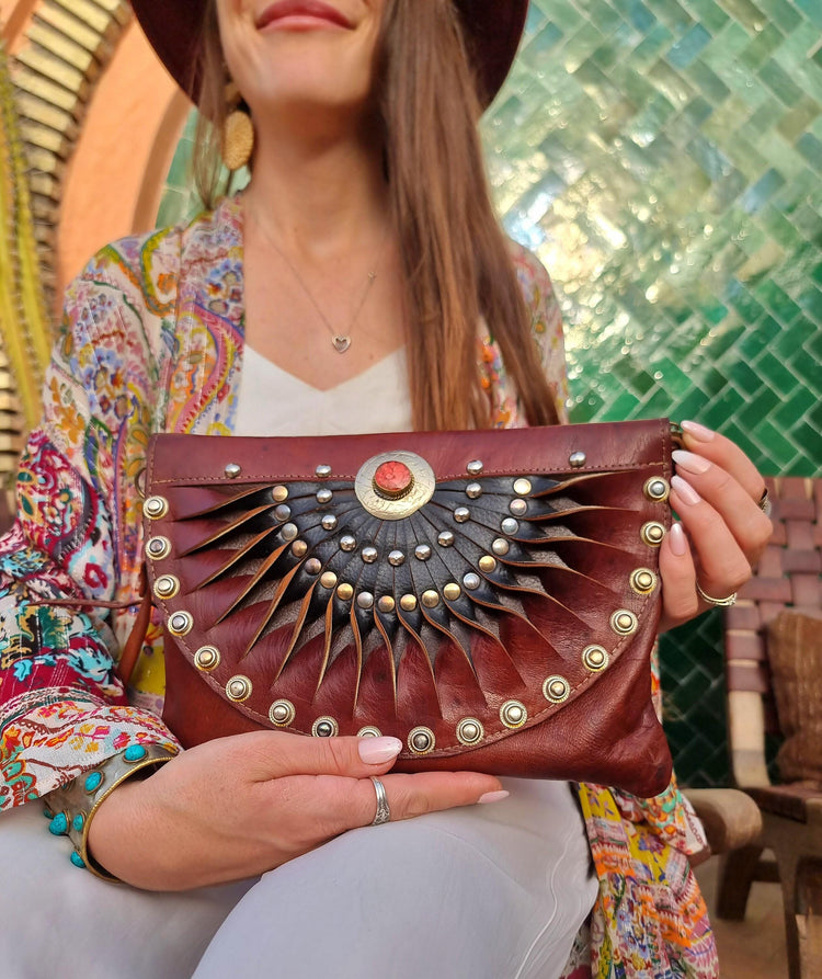 Half Moon Leather Satchel: Boho Studded Clutch Bag