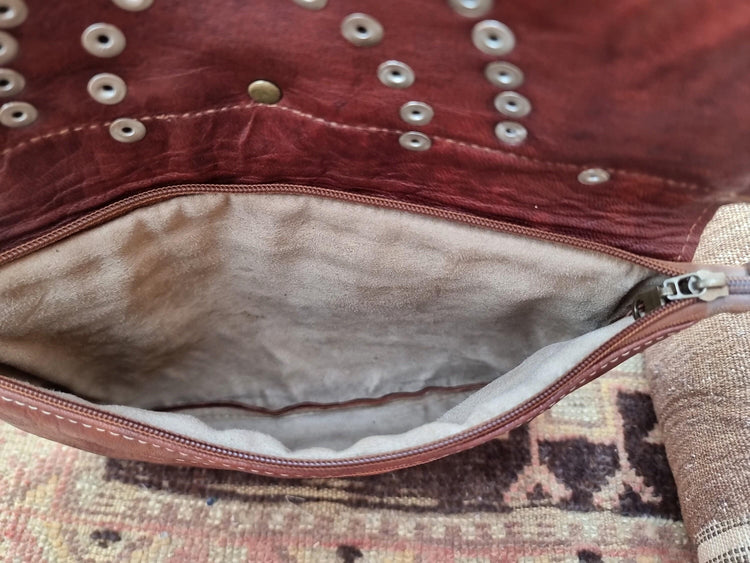 Half Moon Leather Satchel: Boho Studded Clutch Bag