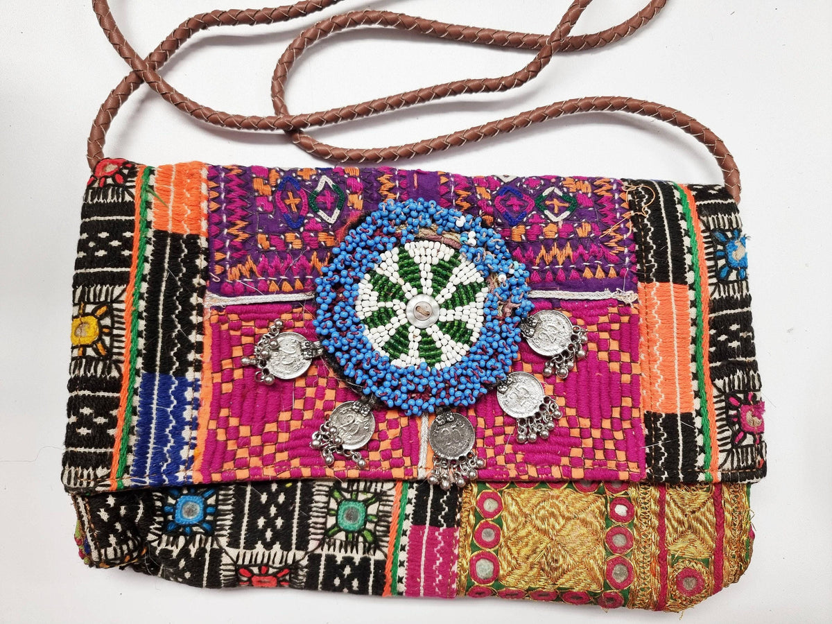 Small Leather Crossbody Bag: Boho Hippie Purse with Tapestry & Tribal Accents