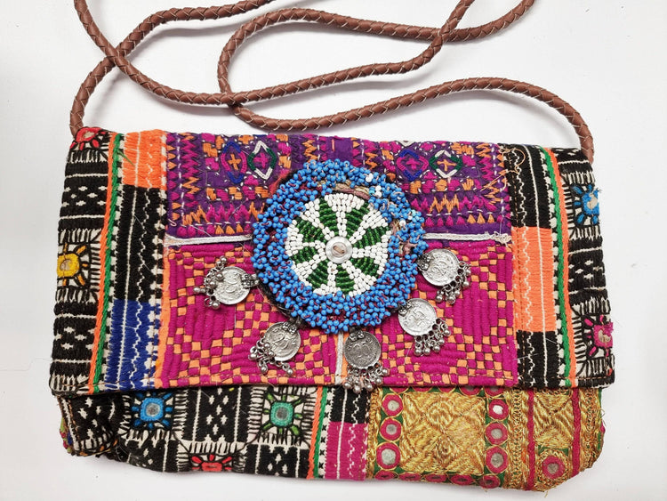 Small Leather Crossbody Bag: Boho Hippie Purse with Tapestry & Tribal Accents