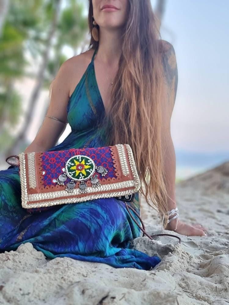 Boho Leather Crossbody Bag: Banjara Tribal Clutch, Hippie Festival Purse