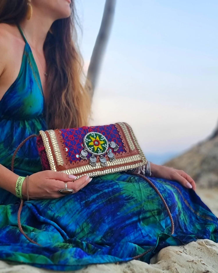 Boho Leather Crossbody Bag: Banjara Tribal Clutch, Hippie Festival Purse