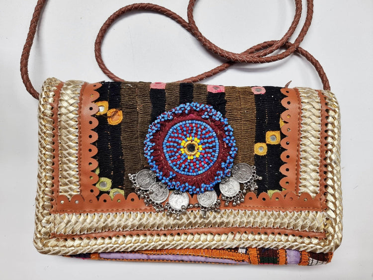Small boho leather bag, gypsy purse beaded, vintage tapestry indian banjara kuchi, hippie evening bag, tribal clutch, folklore festival