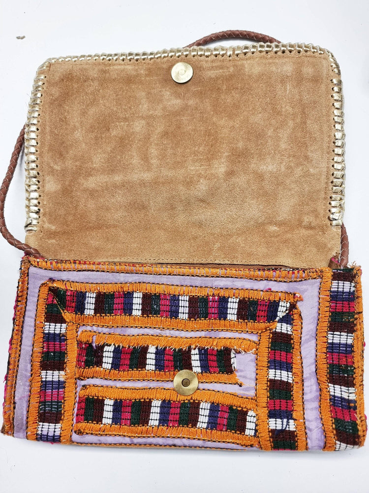 Small boho leather bag, gypsy purse beaded, vintage tapestry indian banjara kuchi, hippie evening bag, tribal clutch, folklore festival