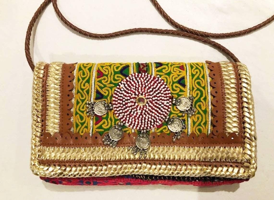 Small boho leather bag, gypsy purse beaded, vintage tapestry indian banjara kuchi, hippie evening bag, tribal clutch, folklore festival