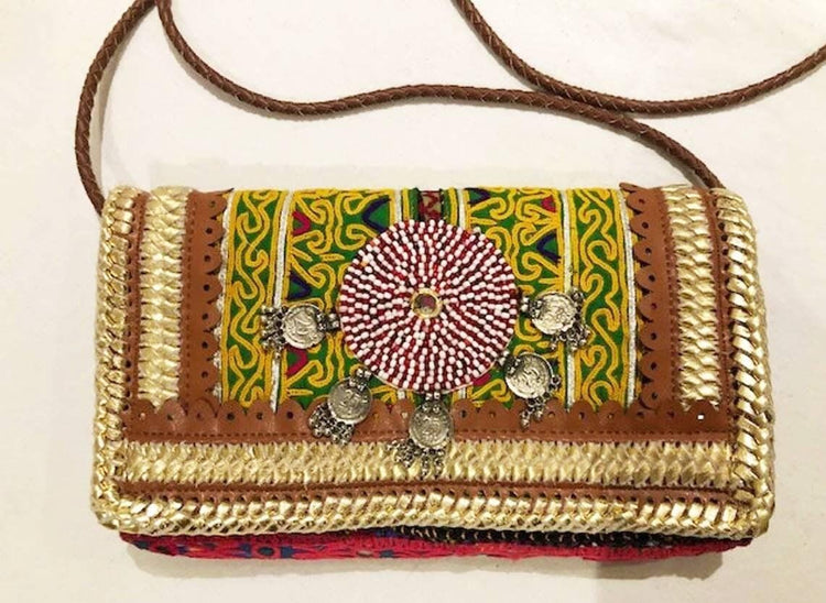 Small boho leather bag, gypsy purse beaded, vintage tapestry indian banjara kuchi, hippie evening bag, tribal clutch, folklore festival