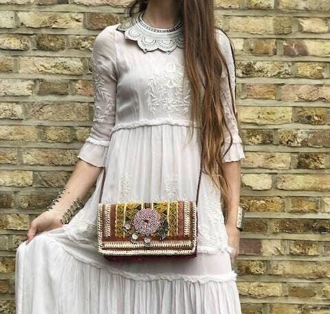 Small boho leather bag, gypsy purse beaded, vintage tapestry indian banjara kuchi, hippie evening bag, tribal clutch, folklore festival