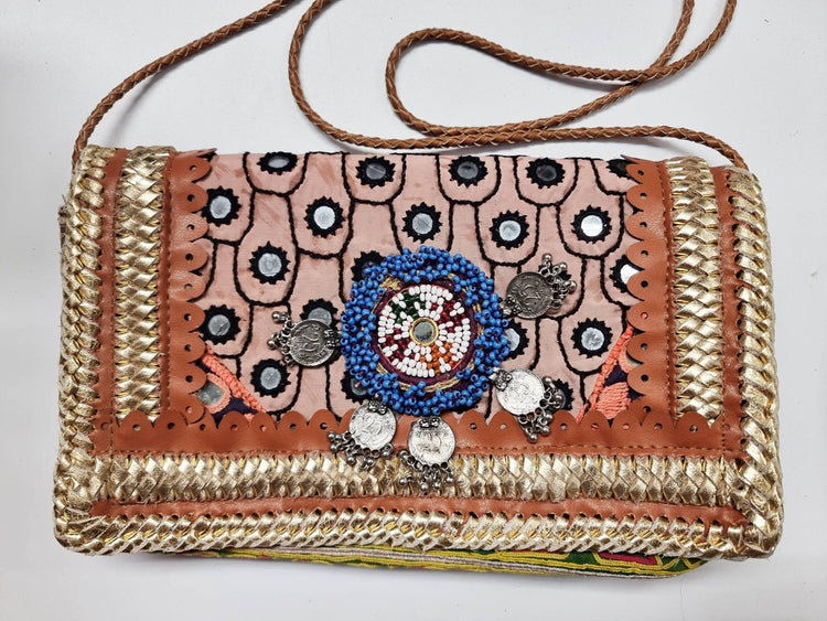 Small boho leather bag, gypsy purse beaded, vintage tapestry indian banjara kuchi, hippie evening bag, tribal clutch, folklore festival