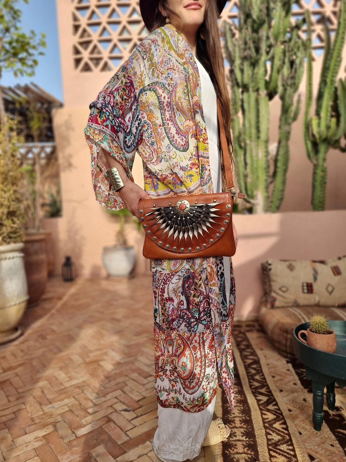Boho Half Moon Leather Bag: Studded Rising Sun Clutch