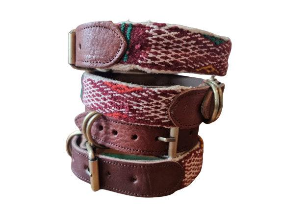 Upcycled Kilim Leather Dog Collar: Bohemian Large Breed Accessory
