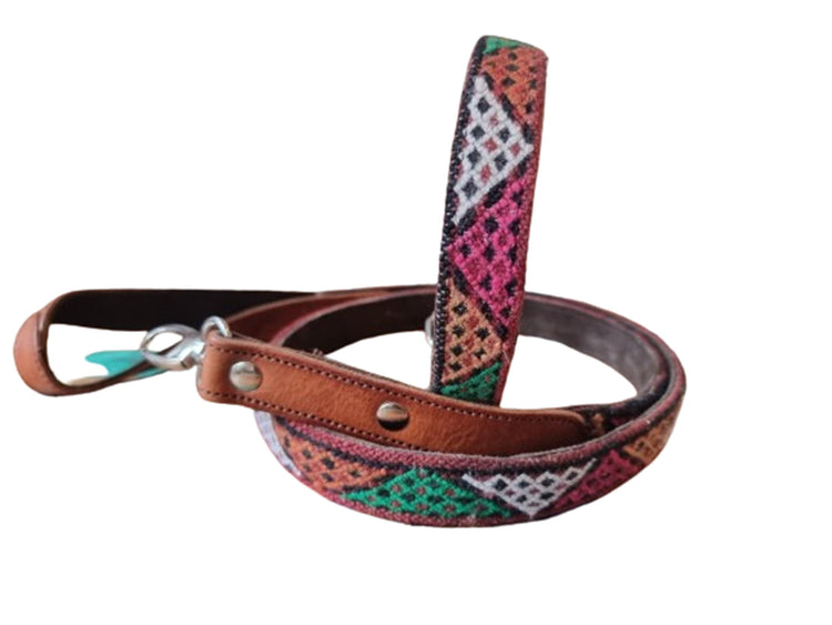 Leather Dog Collar & Leash Set: Upcycled Kilim, Personalized Pet Accessories