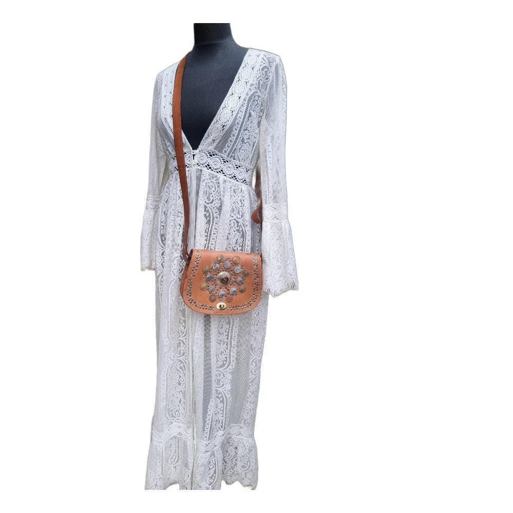Small leather bag with studs and gypsy coins, vintage moroccan berber bag, mini saddle bag, women western purse with stone