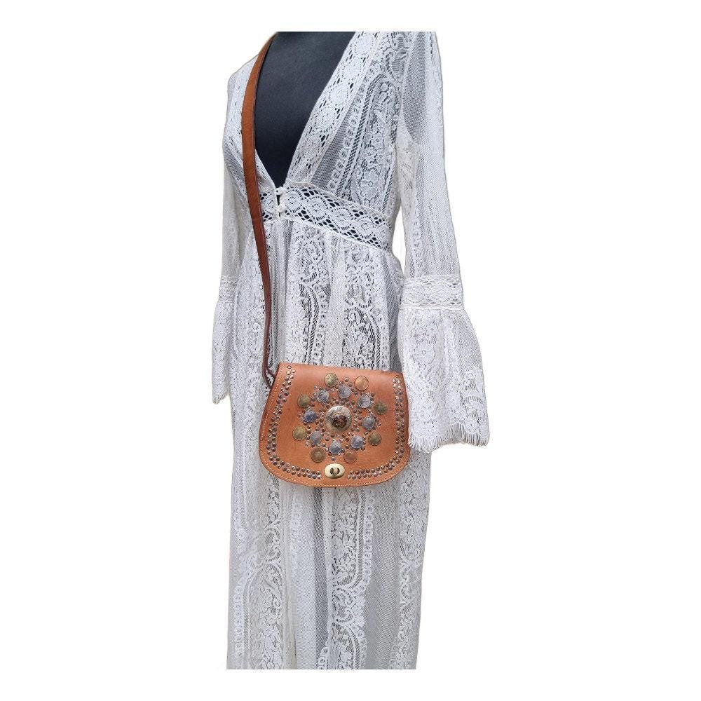 Small leather bag with studs and gypsy coins, vintage moroccan berber bag, mini saddle bag, women western purse with stone