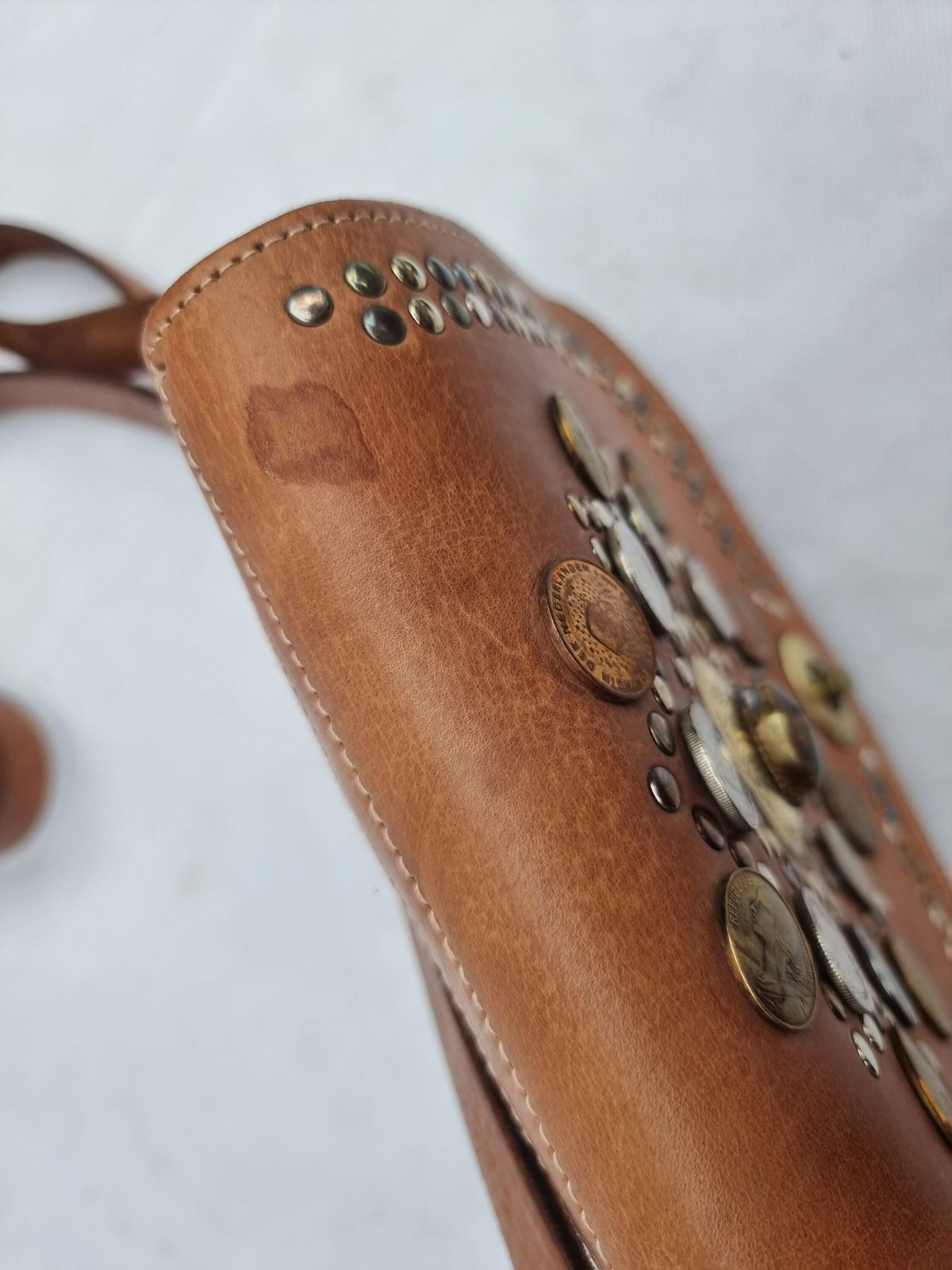 Small leather bag with studs and gypsy coins, vintage moroccan berber bag, mini saddle bag, women western purse with stone