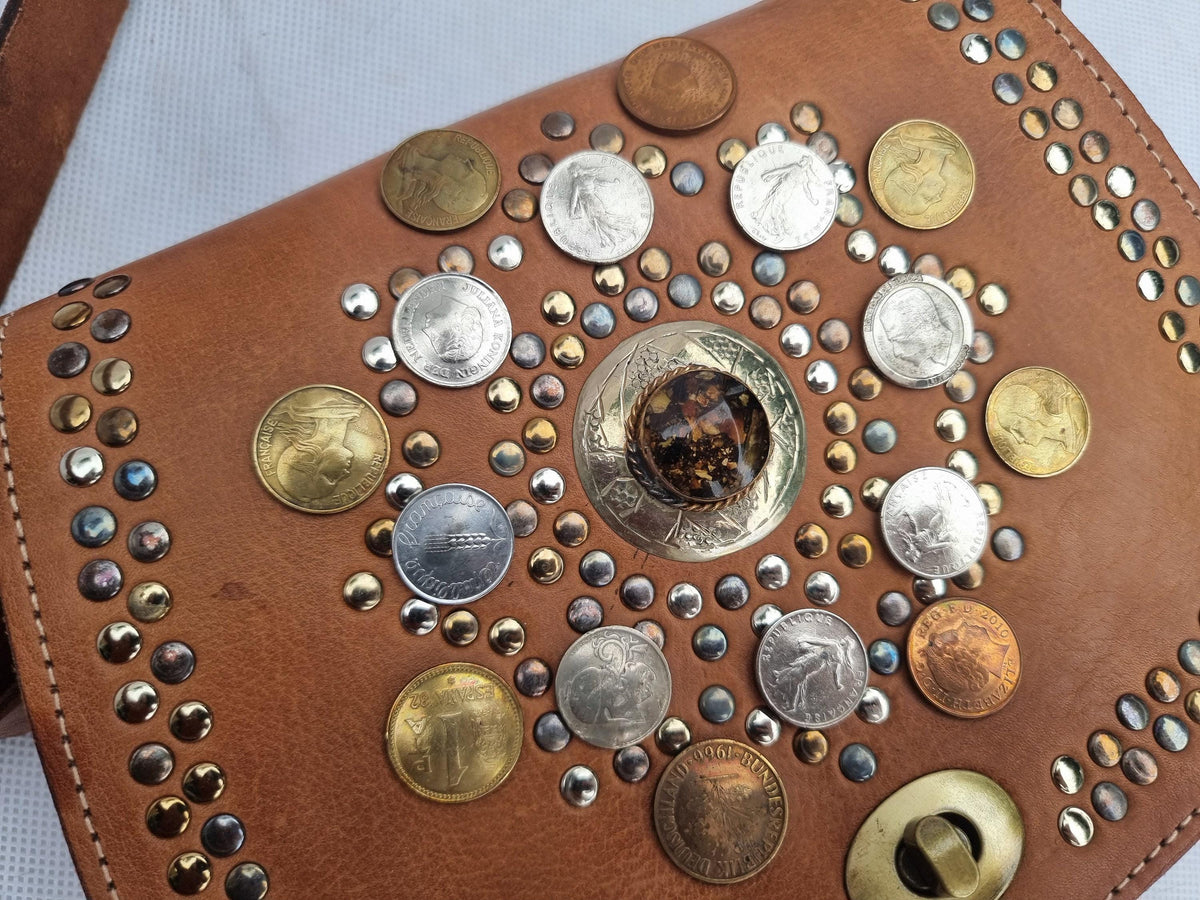 Small leather bag with studs and gypsy coins, vintage moroccan berber bag, mini saddle bag, women western purse with stone