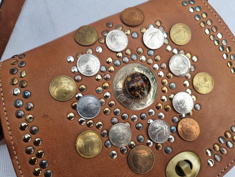 Small leather bag with studs and gypsy coins, vintage moroccan berber bag, mini saddle bag, women western purse with stone