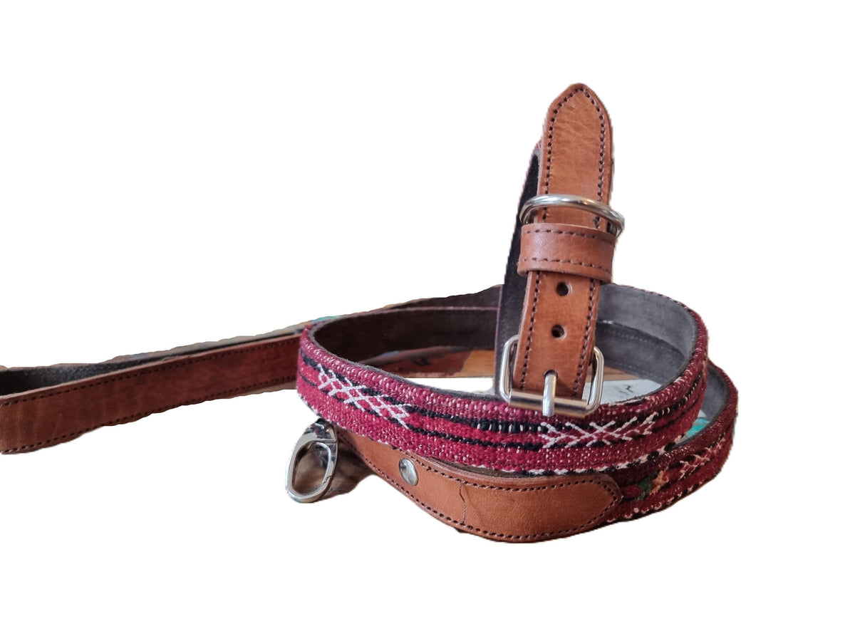 Handmade Moroccan Kilim Dog Collar & Leash Set: Boho Aztec Leather