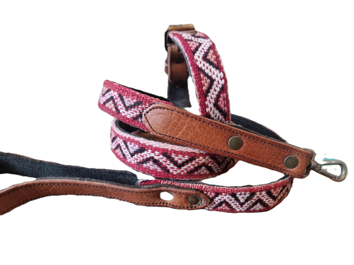 Handmade Leather Dog Collar & Leash Set: Upcycled Moroccan Kilim, Medium Size