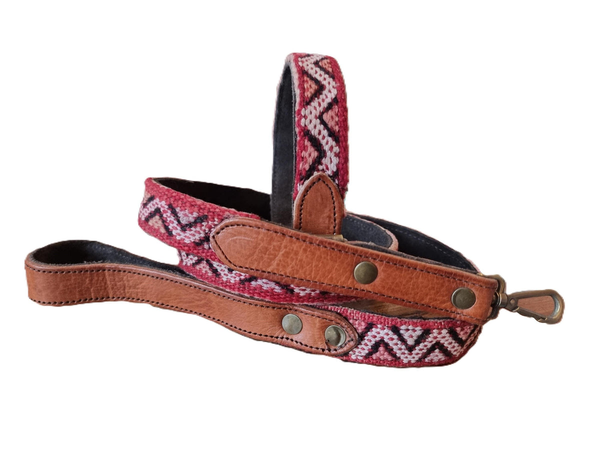Handmade Leather Dog Collar & Leash Set: Upcycled Moroccan Kilim, Medium Size