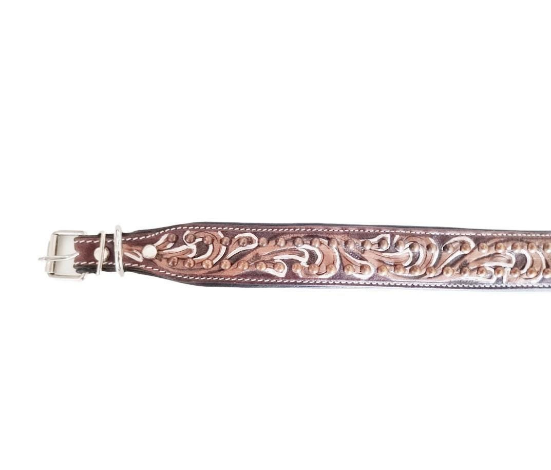 Hand-Tooled Leather Dog Collar: Boho Floral Design, Large Breed