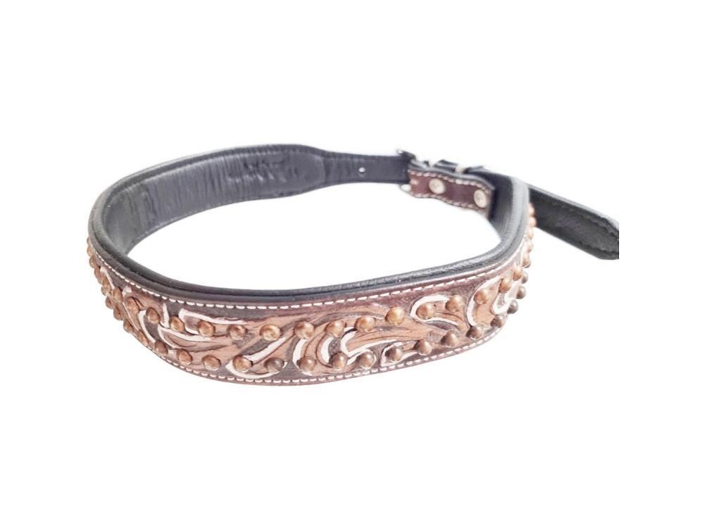 Hand-Tooled Leather Dog Collar: Boho Floral Design, Large Breed