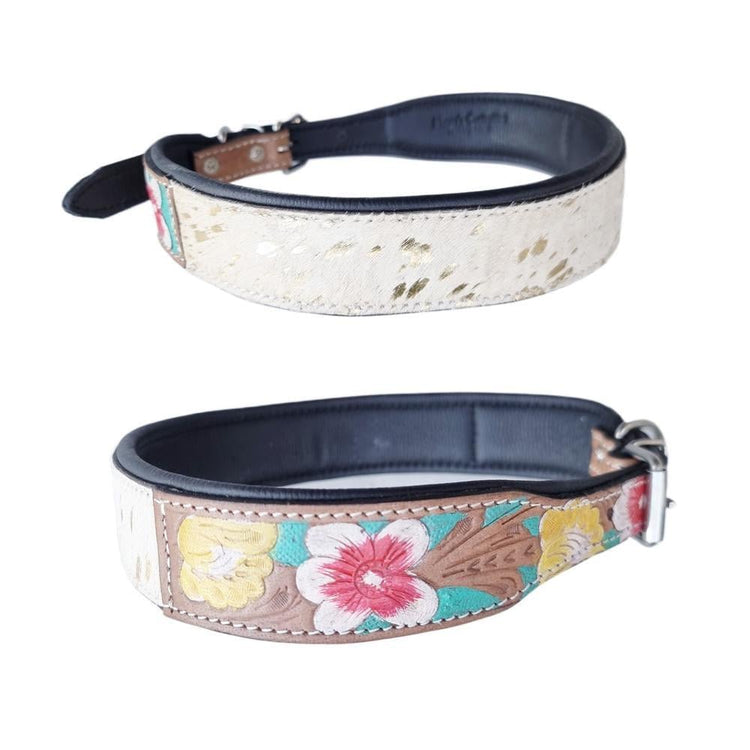 Hand-Tooled Leather Dog Collar: White Cowhide, Western Floral, Padded