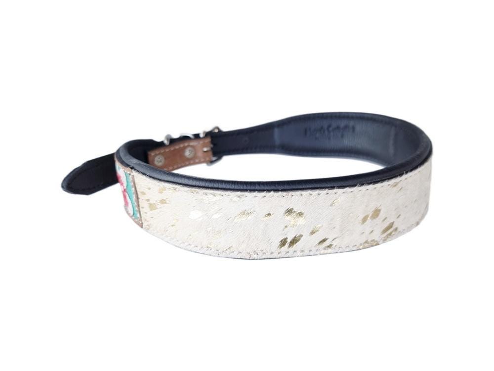 Hand-Tooled Leather Dog Collar: White Cowhide, Western Floral, Padded